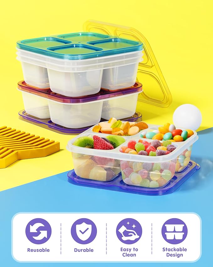 Canfanni 5 Pcs Bento Snack Containers, Reusable 4 Compartment Divided Food Storage Containers, Divided Lunchable Container for School, Work and Travel (All Transparent)