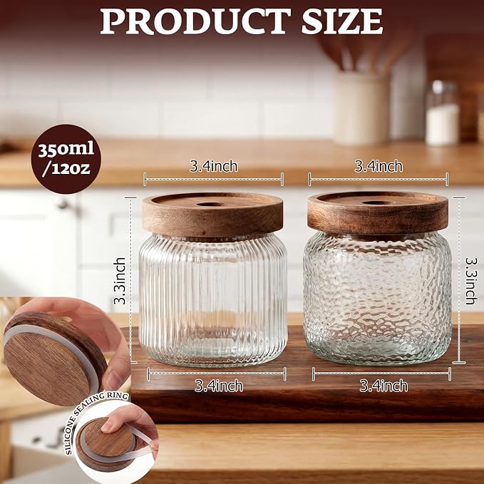 6 Pcs Small Glass Food Storage Jars with Wood Lids 12 oz Coffee Container with Airtight Lid for Kitchen Organization Glass Pantry Canister with Jar Labels for Beans Spice Tea Sugar