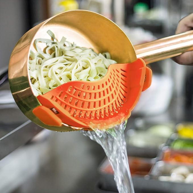 AUOON Clip On Strainer for Pots, Standard 8.86 x 3.55 in, Orange | Food-grade Silicone, Fits Pots Pans Bowls, Dishwasher Safe, for Pasta Noodles Vegetable Fruits, Space-saving Kitchen Gadget