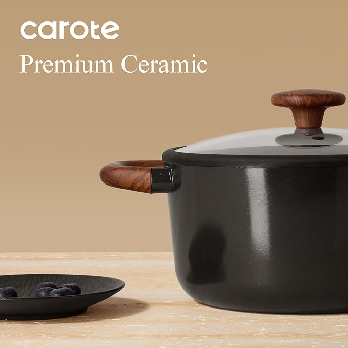 CAROTE 5QT Ceramic Stock Pot with Ladle, Nonstick Casserole with Lid, Even Heating Stockpot, Fits All Stoves, Non Stick Large Capacity Cooking Pots, PFAS Free, Black