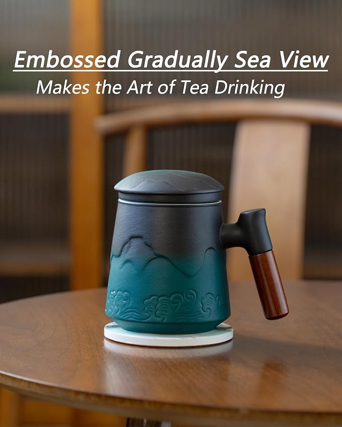 ZENS Tea Mug with Infuser and Lid & Coaster for Tea Steeper, 15oz Green | Embossed Ceramic Tea Cup with Infuser for Loose Leaf Tea Difussers, Tea Lovers Gifts, Nature Wood Handle
