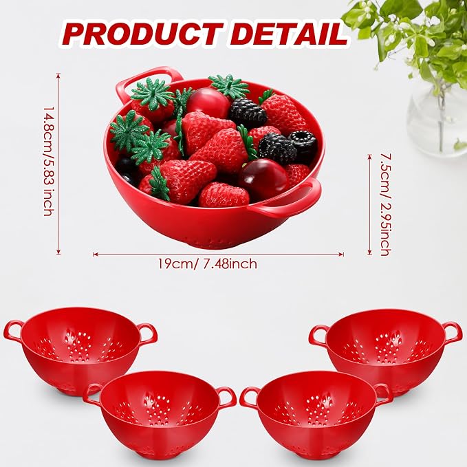 4 Pack Mini Colander for Kitchen Plastic Berry Strainer with Double Handles 7.5 x 6 x 3 Inch Small Colander Strainer for Fruits Vegetables Food (Red)