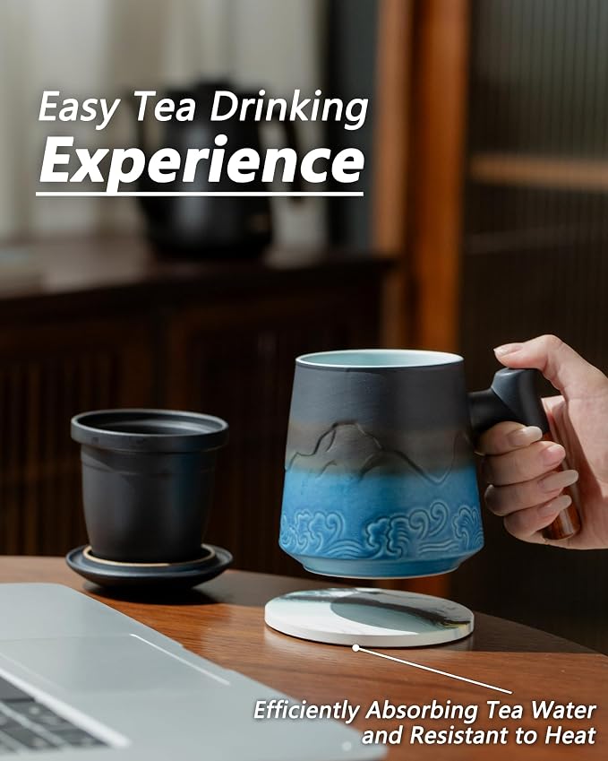 ZENS Tea Cup with Infuser and Lid & Coaster for Tea Steeper, 15oz Blue | Embossed Ceramic Tea Infuser Mug for Loose Leaf Tea Difussers, Tea Lovers Gifts, Nature Wood Handle