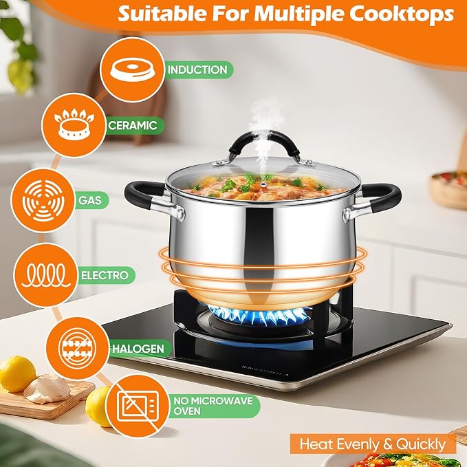P&P CHEF 5 Quart Stainless Steel Stock Pot, Cooking Pot with Visible Lid | For Soup Pasta, Tri-Ply Bottom & Dual Heatproof Handles, For Induction Gas All Stoves, Non-Toxic & Dishwasher Safe