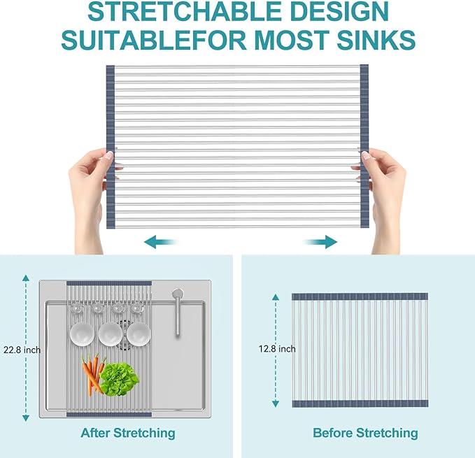 BBXTYLY Extra Large Expandable Roll Up Dish Drying Rack,Over The Sink Drying Rack Sink Cover Kitchen Sink Accessories Kitchen Rolling up Stainless Steel Drainer, Foldable,Rollable（Gray，22.8'-17.3''）