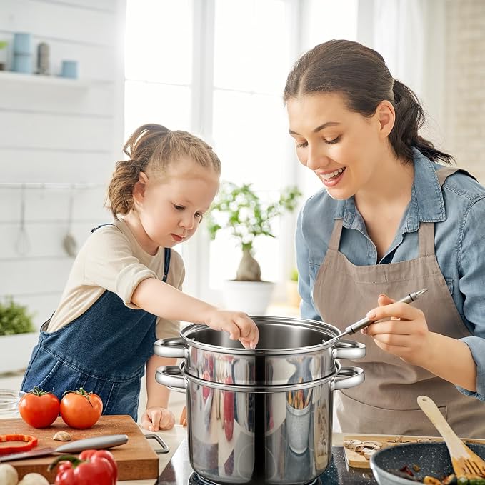 Sawysine Stainless Steel Pasta Pot 6-Piece 10 Quart Cooker Steamer Stock Pot Cookware Set Multipots with Strainer Insert for Home Kitchen