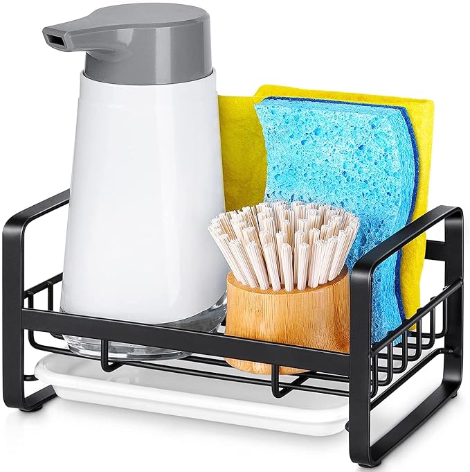 HULISEN Kitchen Sponge Holder, 304 Stainless Steel Sink Caddy, Black | Removable Drain Tray, Holds Sponges Soap Bottles Brushes, Countertop Storage, No Dispenser or Brush