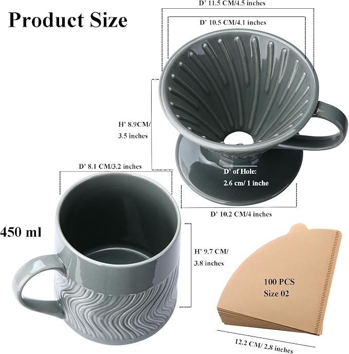 Pour Over Coffee Maker with 100 Sheets of Paper Filter, 15 oz Ceramic Coffee Mug & Coffee Dripper, 1 Cup-Single brew coffee set, Grey