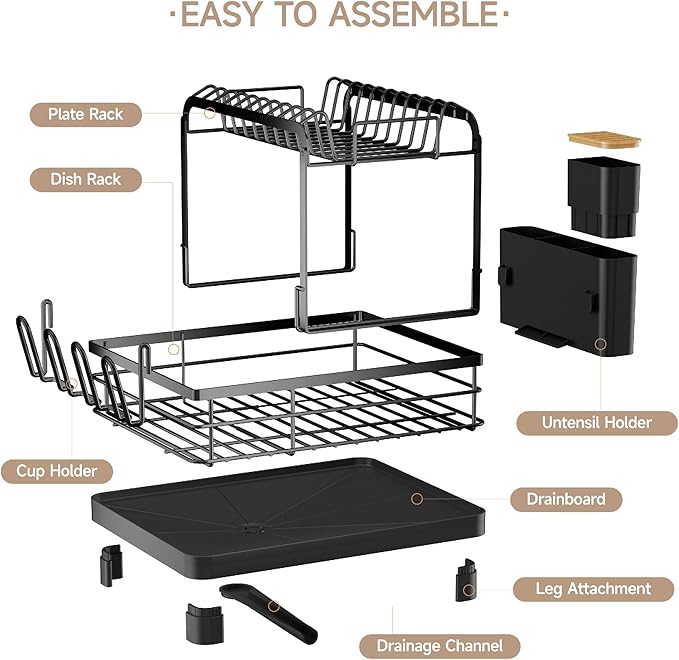 Runnatal 2-Tier Dish Drying Rack, Large Dish Drainers for Kitchen Counter | Anti-Rust Dish Rack with Drainboard, Utensil Holder, Extra Cup Holder, Black