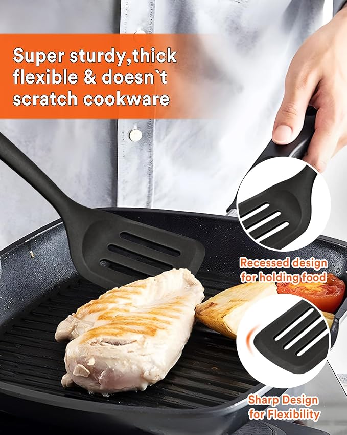 13PCS Silicone Kitchen Utensils Set for Nonstick Cookware, Black | Food Grade, Heat Resistant Kitchen Utensil Spatula Set, Wooden Handles Kitchen Gadgets Tools Set