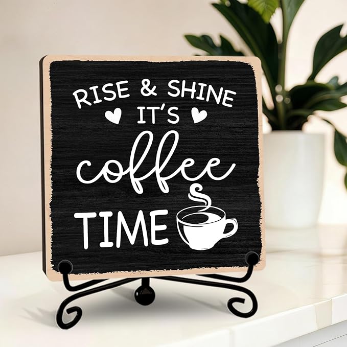 Farmhouse Coffee Bar Decor, 5"x5" Coffee Bar Sign | Rise & Shine It's Coffee Time Wood Plaque with Stand | Rustic Gift for Home Kitchen Tabletop Desk - A01
