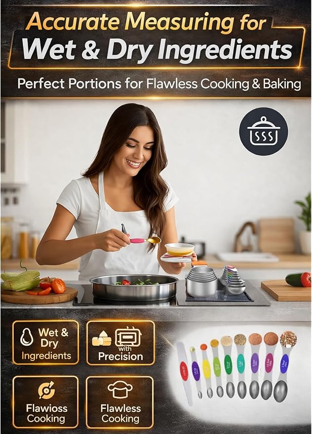 Magnetic Measuring Cups and Spoons Set304 Stainless Steel Dual Scale Set of 15, Strong N52 Magnetic Nesting Design with Leveler, for Dry&Liquid Ingredients, Dishwasher Safe(Colorful)