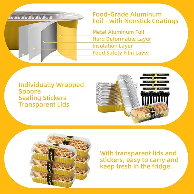 30 Pack Gold Mini Rectangular Aluminum Foil Loaf Pans with Lids 6.8oz, Spoons & Sealing Stickers Included - Perfect for Baking Mini Cakes, Parties & Gifting