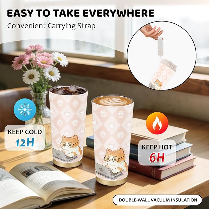 Cat Tumbler Stainless Steel 2-in-1 Lid Coffee Tumbler 18 oz Cat Lovers Insulated Travel Coffee Mug Cats Mom Gifts Water Bottle for Women Men Birthday Christmas