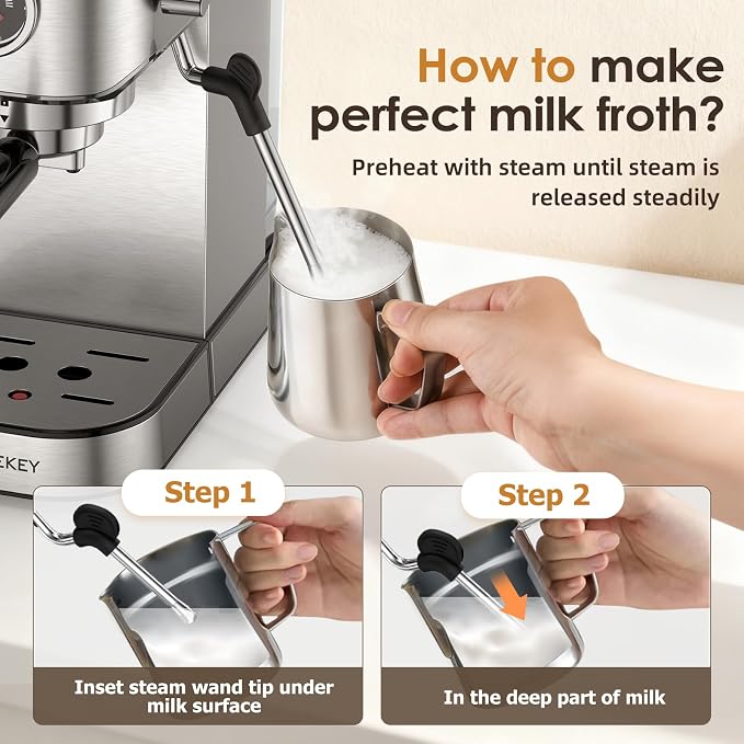 Spacekey Espresso Machine with Milk Frother, 20 Bar Compact Expresso Coffee Machines for Home, Stainless Steel Espresso Maker with 39oz Removable Water Tank for Cappuccino Latte, Fast Heating, Silver