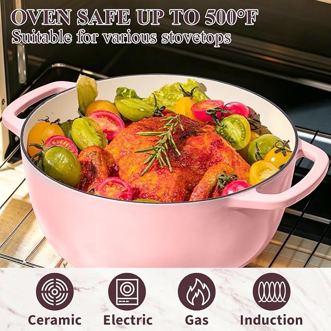 Wildone 6QT Enameled Cast Iron Dutch Oven Pot with Lid, Heavy-Duty Cookware for Bread Baking, Braising, Stews, Roasting, Wedding Registry Ideas & Gifts, Pink
