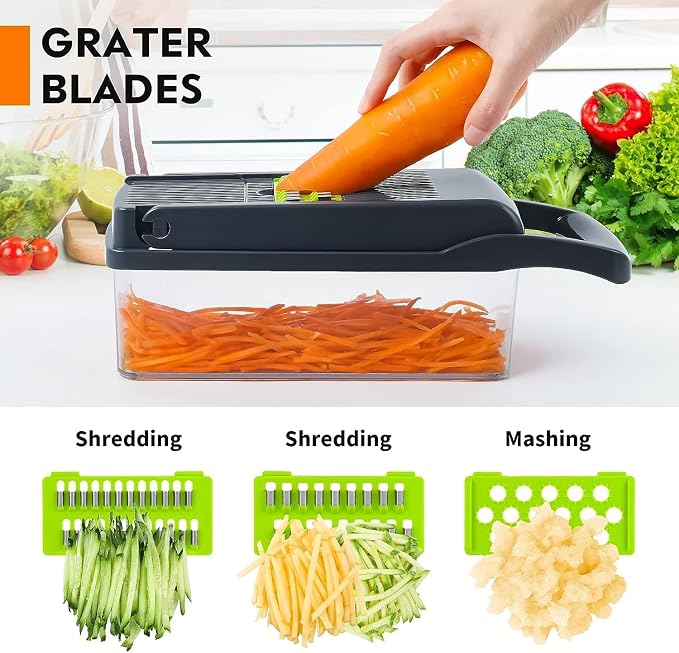 Vegetable Chopper: 16 in 1 Food Chopper - Onion Vegetable Slicer Cutter Dicer, Veggie Cutter with Container, 7 Blades, Kitchen Gadgets for Carrot Salad Garlic Potato Slicer (Grey)