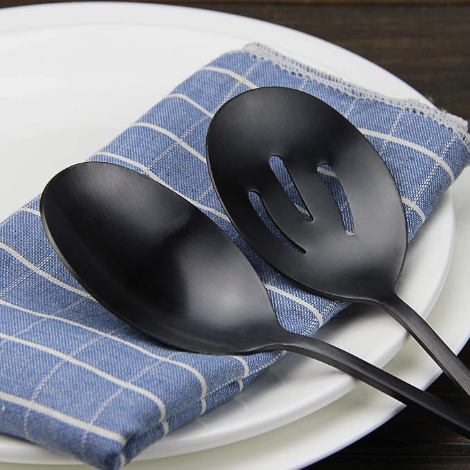 AOOSY 8.7Inch Matte Black Stainless Steel Serving Spoon Set,6Pcs | Serving Spoons x 3, Slotted Spoons x 3,Utility Advanced Buffet Utensils, Premium Skimmer & Perforated Design