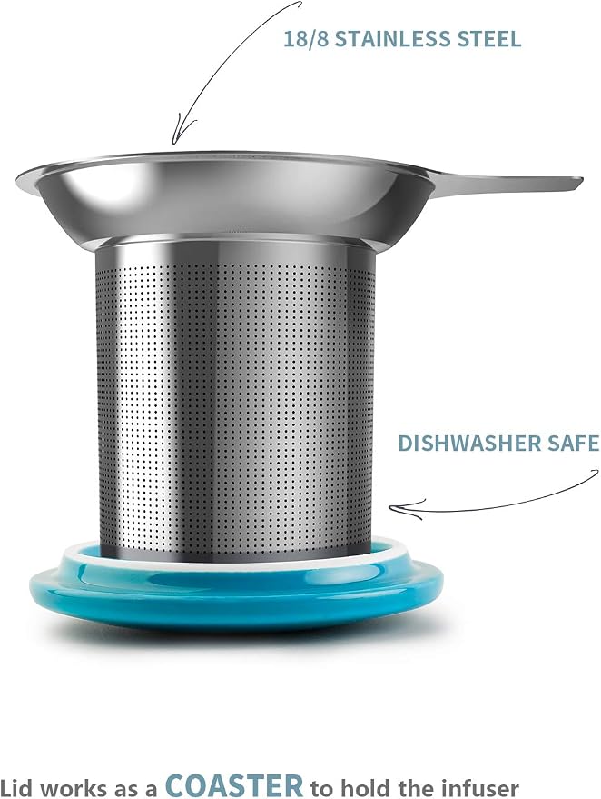 Sweese Porcelain Teacup with Infuser and Lid, 20oz, Steel Blue, Microwave Safe, Reusable