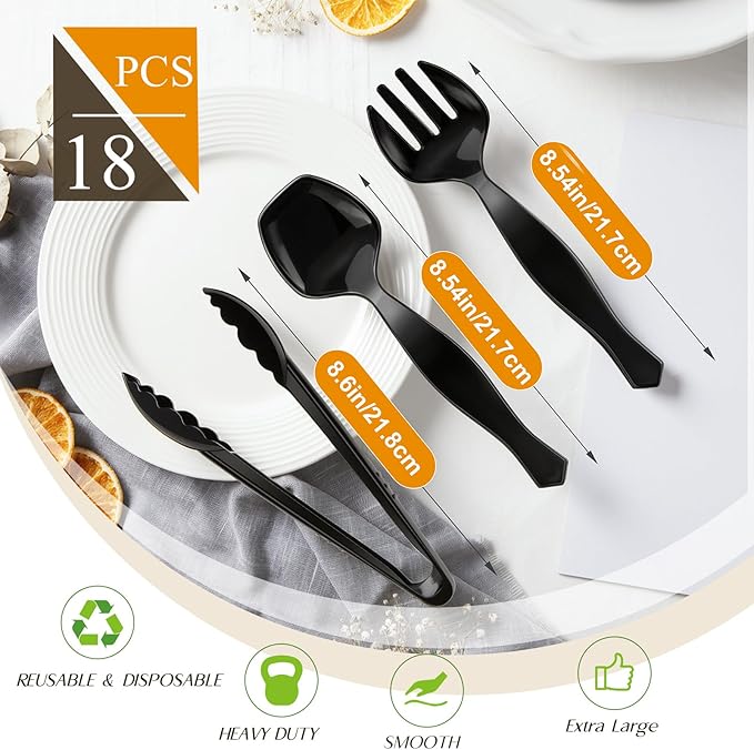 Mwellewm Plastic Serving Utensils Set Disposable Tongs Spoons for Buffet | Heavy Duty, BPA free, Black, Large 18Pcs Party Catering Supplies Buffet Display Utensils for Restaurant, Wedding,Banquet,Food