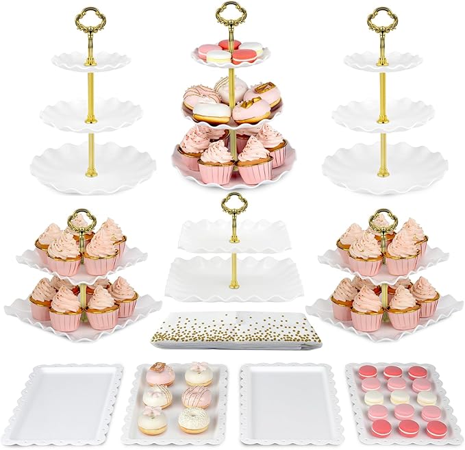Pack of 11 NWK Cake Stand Set of Cupcake Stand, Tray & Table Cloth (Gold) | Includes 3 x 2-Tier & 3 x 3-Tier Cupcake Stands, 4 Appetizer Trays, Plus 1 Tablecloth. Ideal for Parties, Gold Design