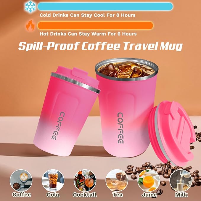 SPLMIFA Travel Coffee Mugs Leak-Proof, Reusable Coffee Cups with Lids, Stainless Steel Vacuum Insulated Coffee Tumblers, Thermal Insulation Cup for Men and Women Hot & Cold Drinks(2nd-Red White, 17OZ)