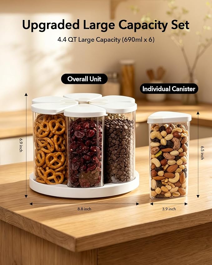Rotating Food Storage Containers Set of 6, 23oz (690ml) Clear PET Jars with Dual Pour Lids, 360° Lazy Susan Pantry Organizer for Snacks, Cereal, Nuts, Oats & Dry Foods, Kitchen Grain Dispenser