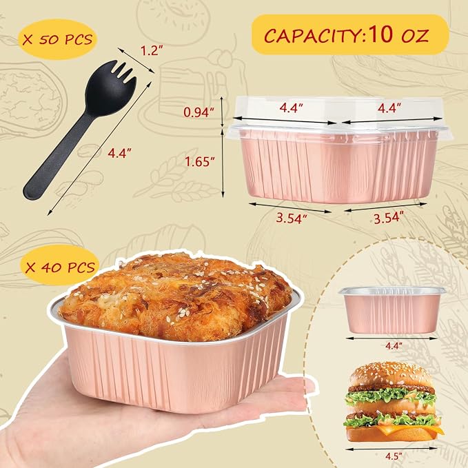 LNYZQUS 10oz Mini Cake Pans with Lids, Small Cinnamon Roll Containers | 40 Pack, Individual, Disposable, Aluminum Foil, Square Baking Tins, 4 Inch Dessert Cups for Bake Sale Treats, Champagne