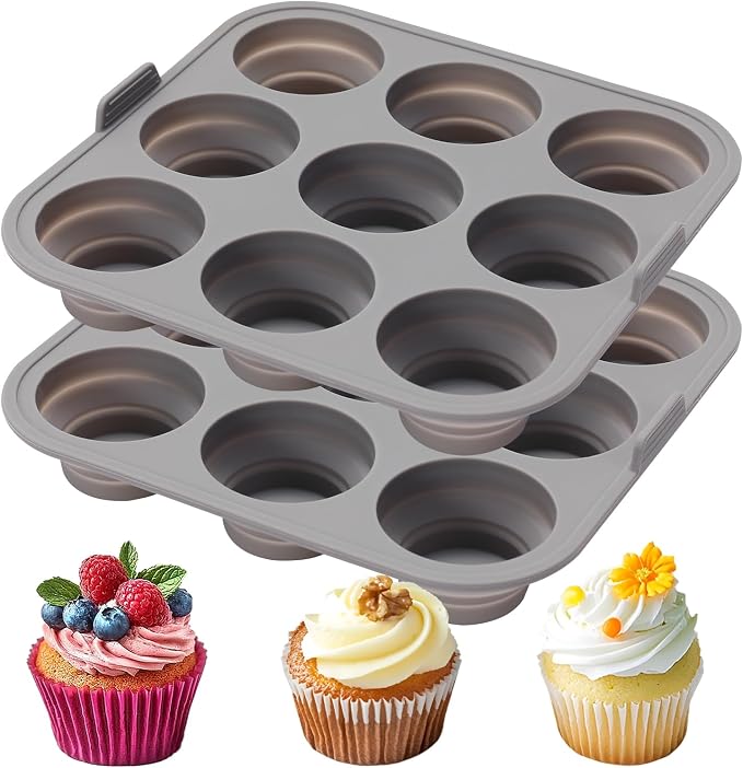 Silicone Muffin Pan Set of 2, 9-Cup Collapsible Cupcake Tray | Easy Pop-Out Release, Foldable & Space-Saving, 7.87 x 7.87 in, Non-Stick Cups, Oven & Air Fryer Safe