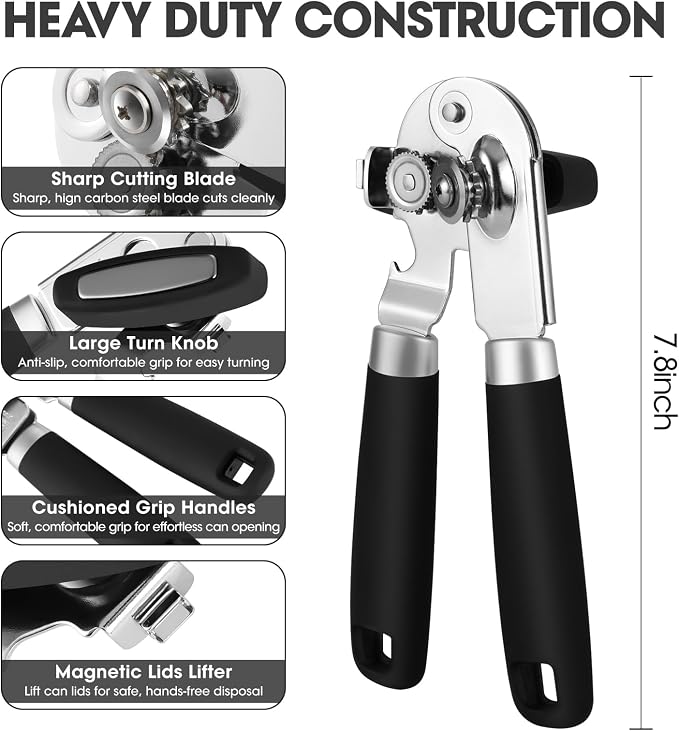 UHIYEE Hand Held Can Opener Manual with Magnet for Home Kitchen, Black | Easy Work, Premium 420J2 Steel, Magnetic Lid Lifter, Easy-Turn Oversized Knob, Arthritis Friendly, Smooth Edge