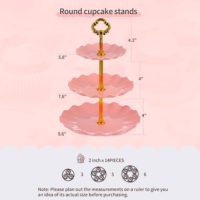 Pack of 11 NWK Cake Stand Set of Cupcake Stand, Tray & Table Cloth (Pink) | Includes 3 x 2-Tier & 3 x 3-Tier Cupcake Stands, 4 Appetizer Trays, Plus 1 Tablecloth. Ideal for Parties, Pink Design