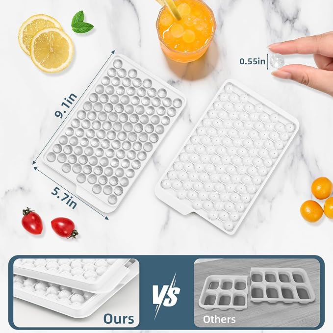 Mini Ice Cube Trays for Freezer with Lid, 0.55" Pebble Ice | 4 Trays-White, with Ice Box & Scoop. for Coffee, Bottle, Juice & Drinks, Easy Twist Release, Stackable