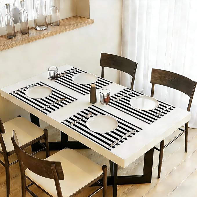 Black and White Striped Placemats Set of 4, Kitchen Table placemats Decor | Modern Minimalist Table Mats for Home Party Kitchen Dining Table Decor for Christmas halloween Dining Table, Party placemats