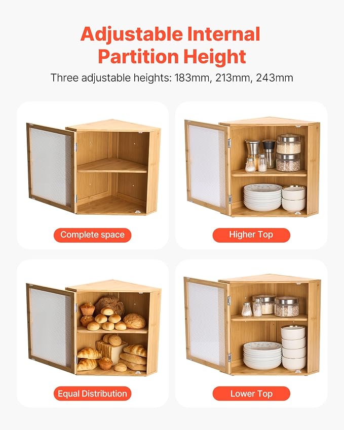 VEVOR Corner Bread Box for Kitchen Counter, Double Layer Large Capacity Bamboo Bread Storage Container, Farmhouse Wooden Breadbox for Homemade Bread, Storage Holder Bin with Acrylic Wavy Door, Natural