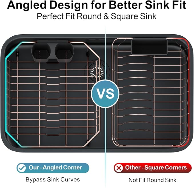 Small in Sink Dish Drying Rack - Stainless Steel for RV Kitchen | Compact Design, Rust-Resistant, Angled Corners Fit Square & Round Sinks, Removable Utensil Holder, Cup Hooks, 13.1"W x 14.4"L