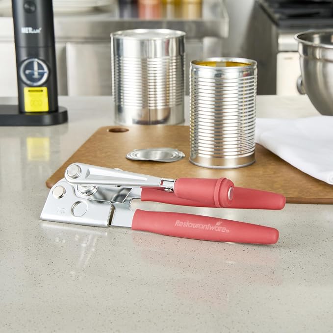 Restaurantware Stainless Steel Magnetic Manual Can Opener - German Standard Red Crank Can Opener with Magnet, Ergonomic Handles, Non-Slip - Heavy-Duty Hand Can Opener, Easy Turn, Sharp Blade