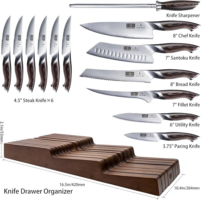 HOSHANHO Kitchen Knife Set with Block, 14PCS Ultra Sharp Knife Block Set | Professional Japanese High Carbon Stainless Steel Chef Knives Set with Sharpener in Knife Drawer Organizer, Ergonomic Handle