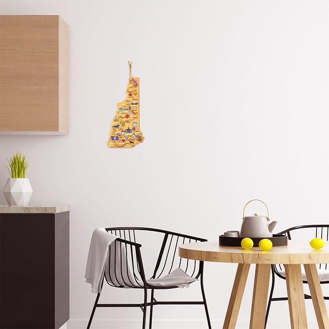 Totally Bamboo New Hampshire State Shaped Cutting Board, Art by Fish Kiss | State charcuterie board with colorful hand-drawn map artwork. Smooth reverse side for food prep. Hang tie for wall display.