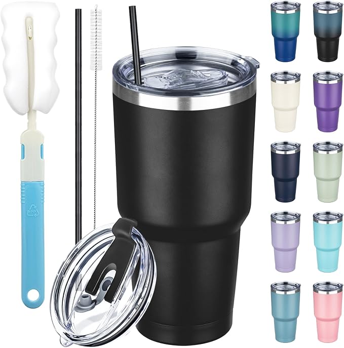 30 oz Tumbler with Lids and Straws, Stainless Steel Insulated Coffee Tumbler, Double Wall Vacuum Insulated Travel Mug Cup, Leakproof Thermal Coffee Cup for Hot and Cold Drinks (Black)