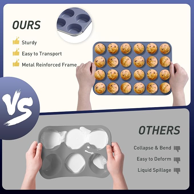 2 Pack 24 Cups Silicone Mini Muffin Pan with Metal Reinforced Frame Silicone Molds Cupcake Pans Tray Egg Bites Circle Cookie Molds Muffin Tin Tart Pans Baking Sheet Set for Breakfast Sandwiches