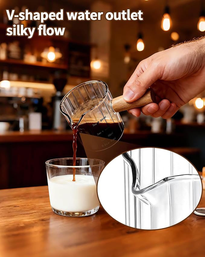 Espresso Measuring Cup 3 Oz, Espresso Glass Cups with Wood Handle, Milk Frothing Cup, Espresso Cup for Coffee, Milk, Tea or Maple Syrup Serving