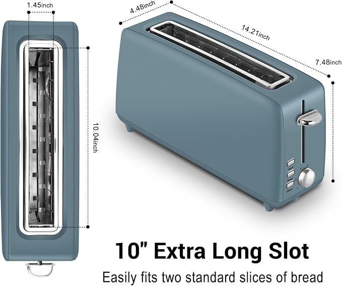 SEEDEEM Stainless Steel Toaster 2 Slice Slim, 10" Single Long Slot, Surf | 6 Shade Settings, Extra Wide Slot Fits Bagels & Artisan Bread, Defrost, Cancel Function, Removable Crumb Tray