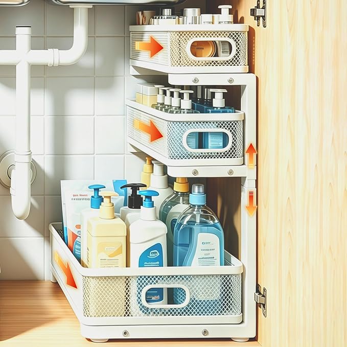1 Pack 3 Tier Under Sink Organizer with Pull Out Drawer, Height Adjustable Heavy Duty Metal Under Cabinet Organizer, Smooth Sliding Storage Shelf for Kitchen, Bathroom Cabinet Organization, White