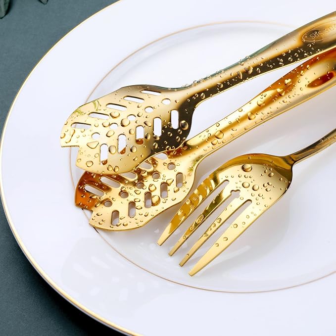 Gold Serving Utensils, OGORI 15-Piece Stainless Steel Gold Serving Utensils Set Include Serving Spoons, Slotted Serving Spoons, Serving Tongs, Serving Forks, Butter Knife, Soup Ladle, Pie Server