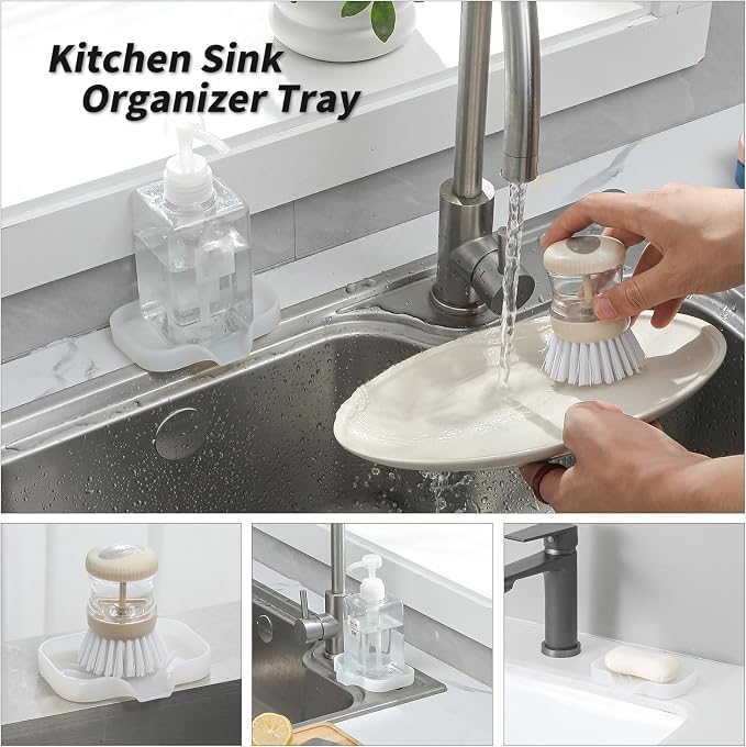 MicoYang Silicone Soap Dish with Drain Spout, Self-Draining Sink Organizer Tray for Bathroom & Kitchen, Sponges, Dispensers & Soap Holder, Non-Slip & Dishwasher Safe, Translucent (Compact, 4.9"×3.2")
