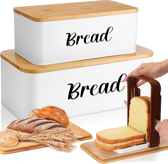 Teenyyou 2 Pcs Extra Large Bread Box with Slicer, Metal Bread Storage Container with Bamboo Cutting Board Lids, 2 Sizes Farmhouse Breadbox Set for Kitchen Countertop(White)
