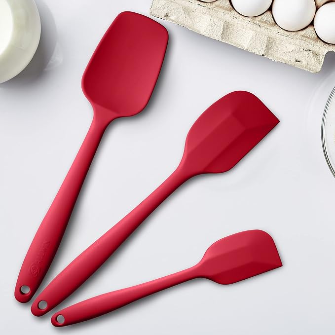 3-Piece Silicone Spatula Set, 600°F Heat Resistant, Wine Red | Stainless Steel Core, Silicone Rubber Spatulas for Nonstick Pans, Spatula, Spoonula and Mini Spatula for Cooking and Baking
