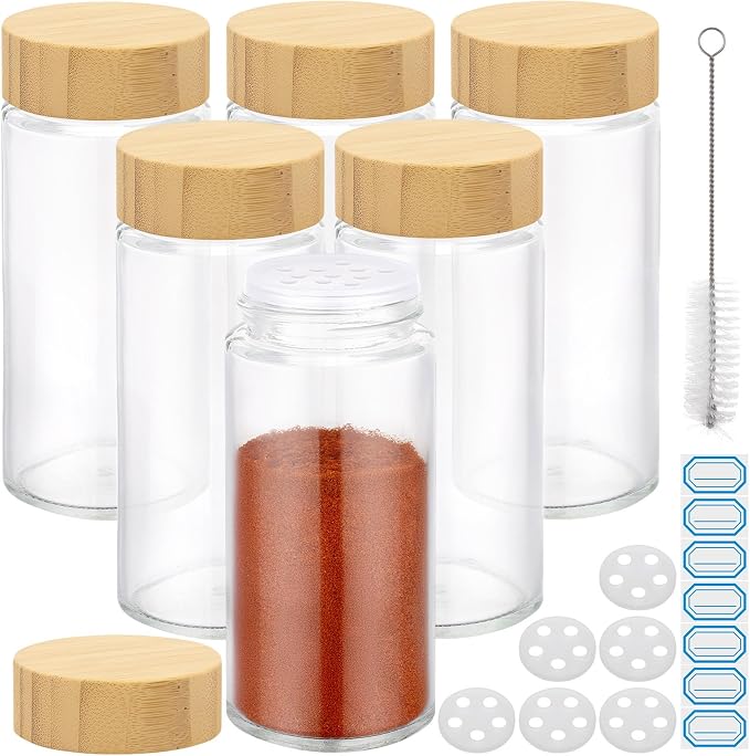 Segarty 4oz Spice Jars with Bamboo Shaker Lids, 6 PCS 120ml Round Condiment Containers, Empty Glass Seasoning Organizers Spices Cereal Storage Set, Salt and Pepper Shakers with 7 Stickers and 1 Brush