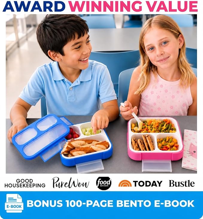 kinsho Bento Box for Kids, Toddler Lunch Boxes for Small Boys Girls in School Daycare, Leak Proof 3 Compartment Containers for Portion Control Snacks for Adults, BPA Free. Medium Blue Pink 2 Pack