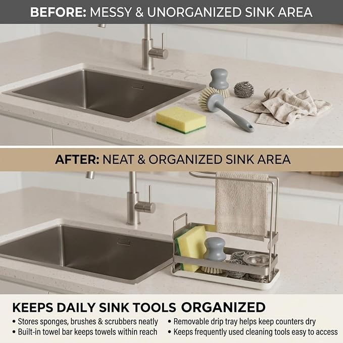 Kitchen Sink Caddy, Compact Sponge Brush Holder Brushed Nickel | Carbon Steel, Towel Rack & Removable Drain Tray, Sponge & Brush Organizer, Compact Sink Storage, Fits Standard Kitchen Sink